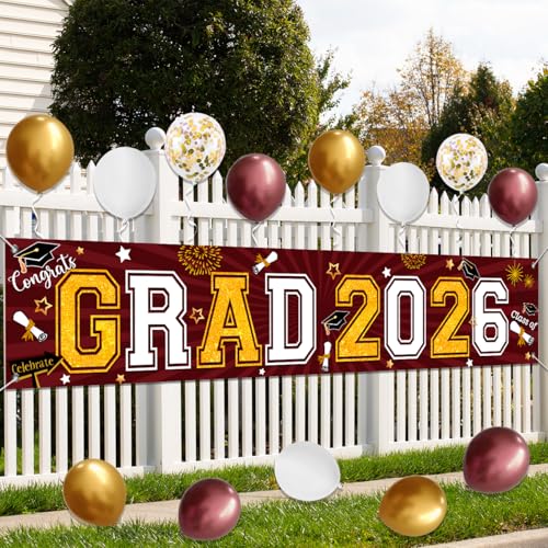 Maroon and Gold Graduation Yard Sign Banner Class of 2026 with Balloons Kit