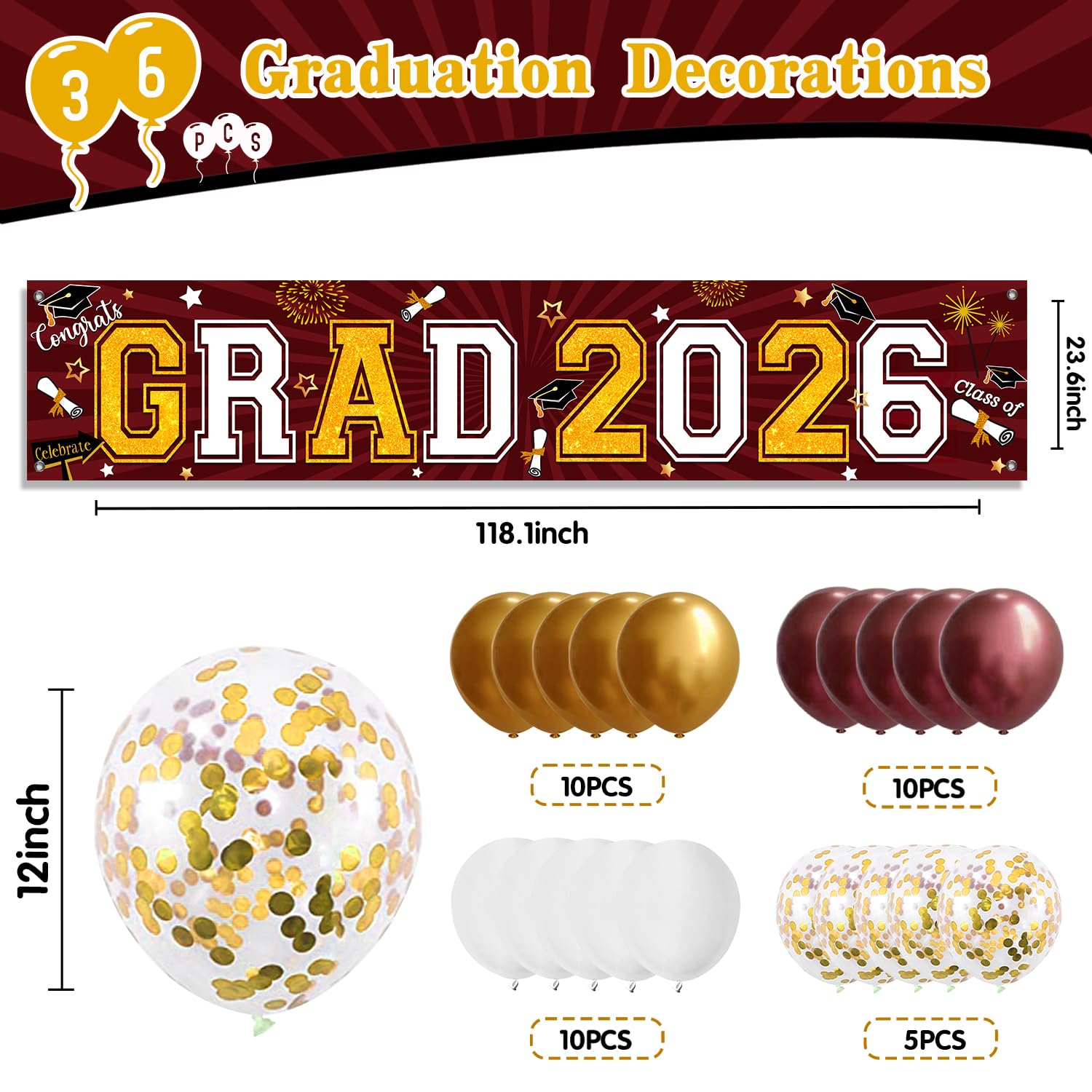 Maroon and Gold Graduation Yard Sign Banner Class of 2026 with Balloons Kit