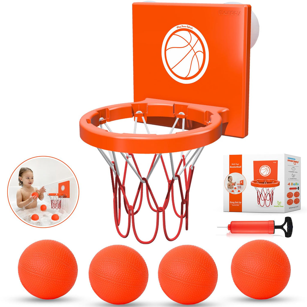 MARPPY Bath Basketball Hoop – 4 Soft Balls, Suction Cups, Bathtub Toy for Toddlers