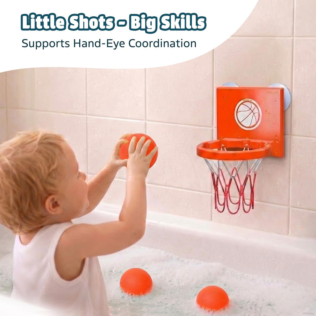MARPPY Bath Basketball Hoop – 4 Soft Balls, Suction Cups, Bathtub Toy for Toddlers