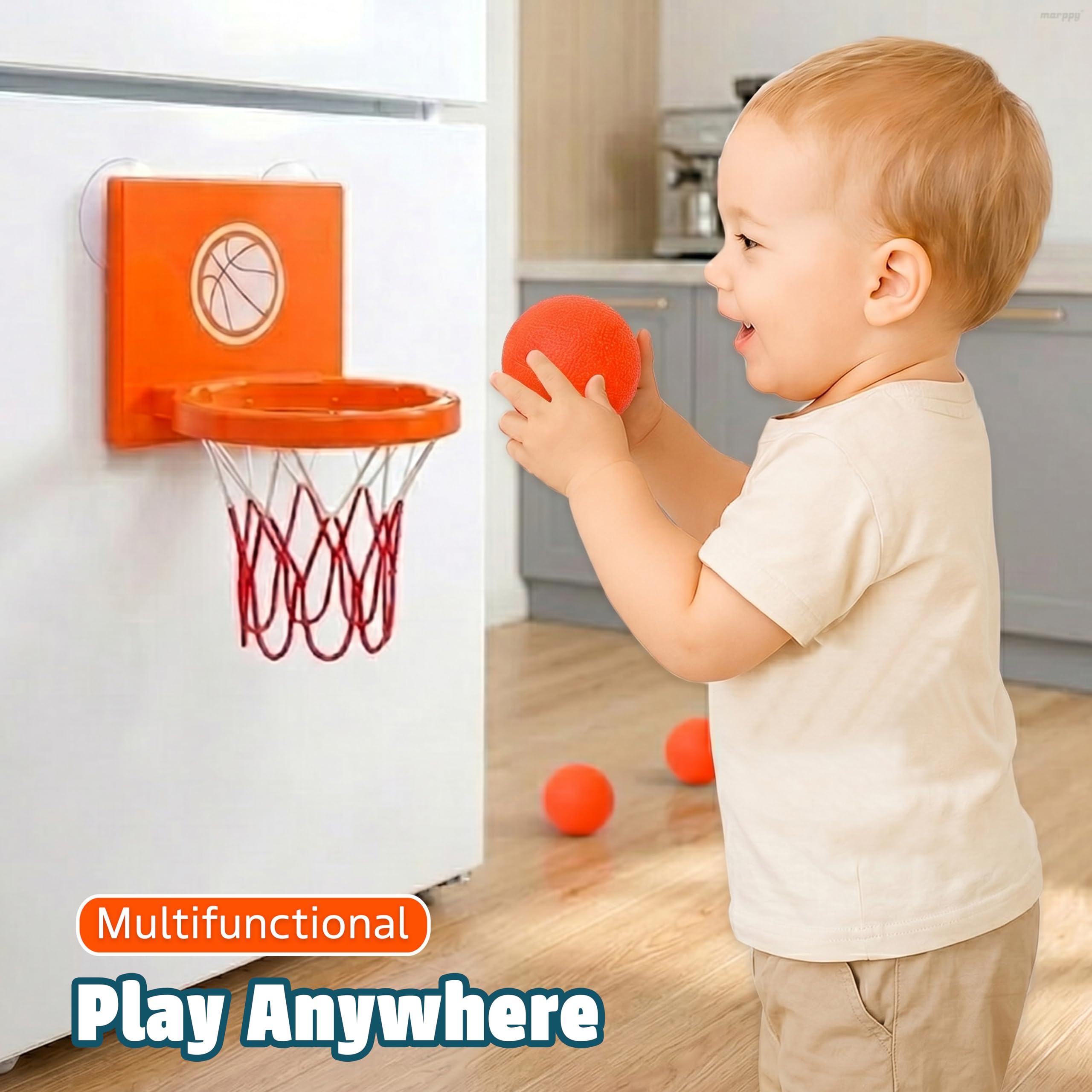 MARPPY Bath Basketball Hoop – 4 Soft Balls, Suction Cups, Bathtub Toy for Toddlers