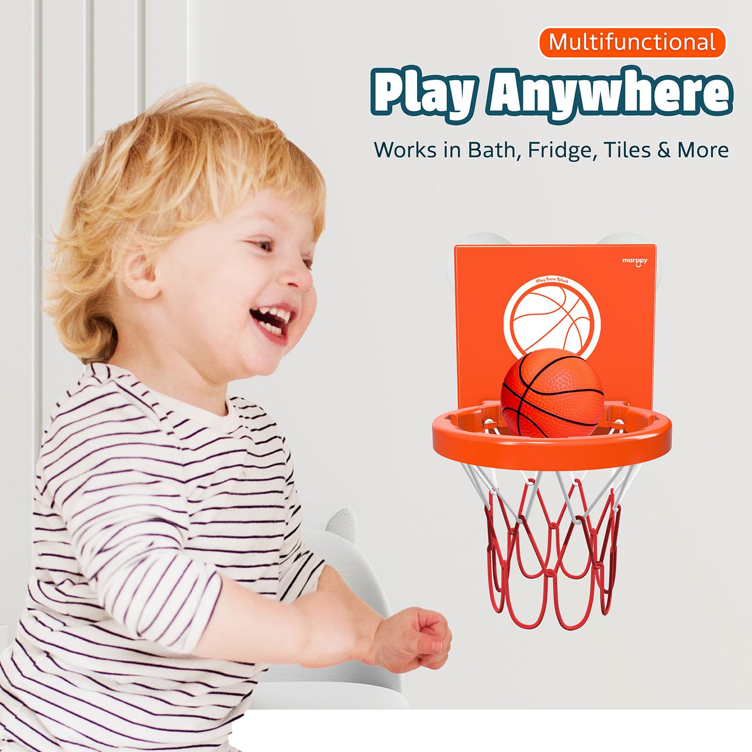 MARPPY Bath Toys Basketball Hoop Set for Toddlers – Suction Cup Hoop with 4 Soft Balls