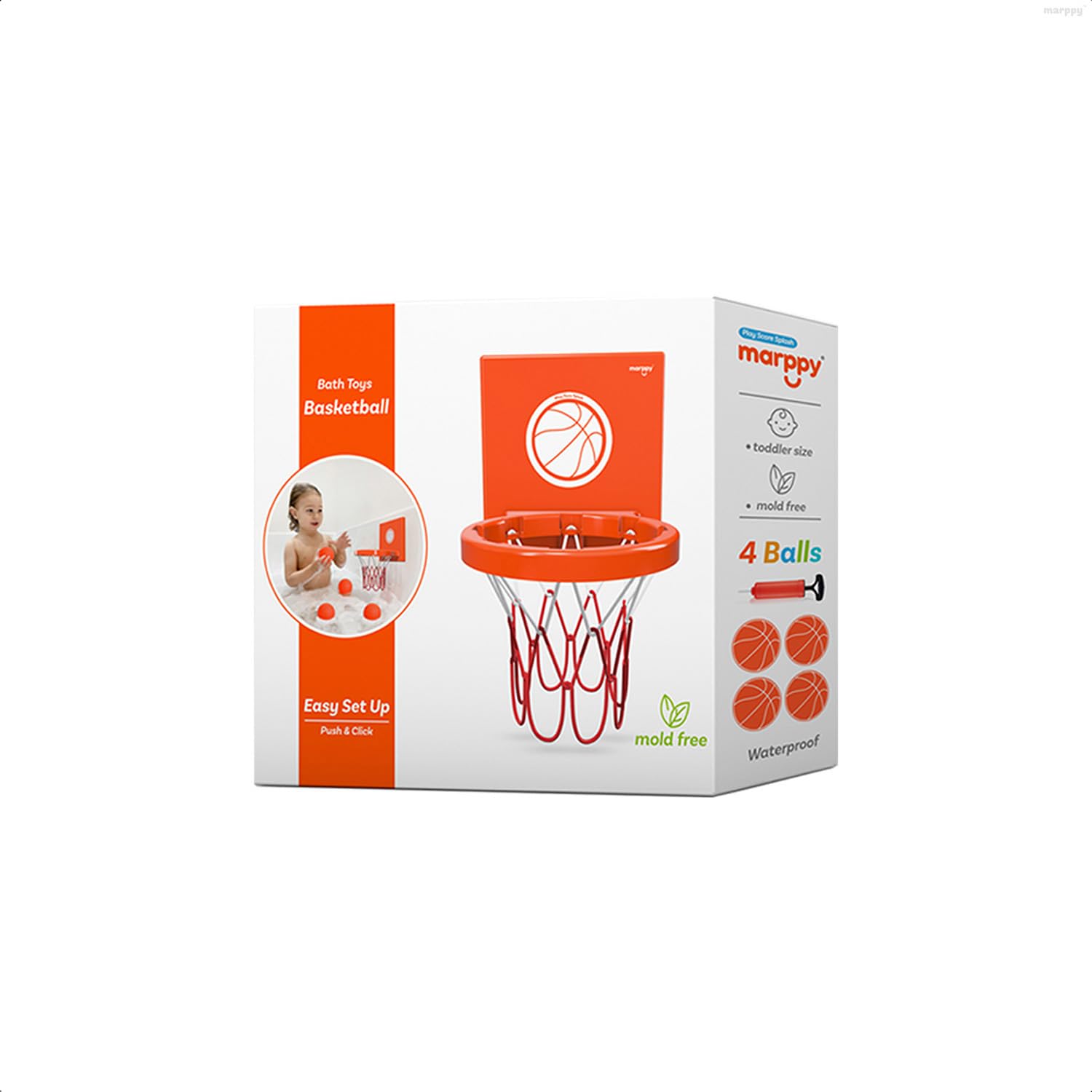 MARPPY Bath Toys Basketball Hoop Set for Toddlers – Suction Cup Hoop with 4 Soft Balls