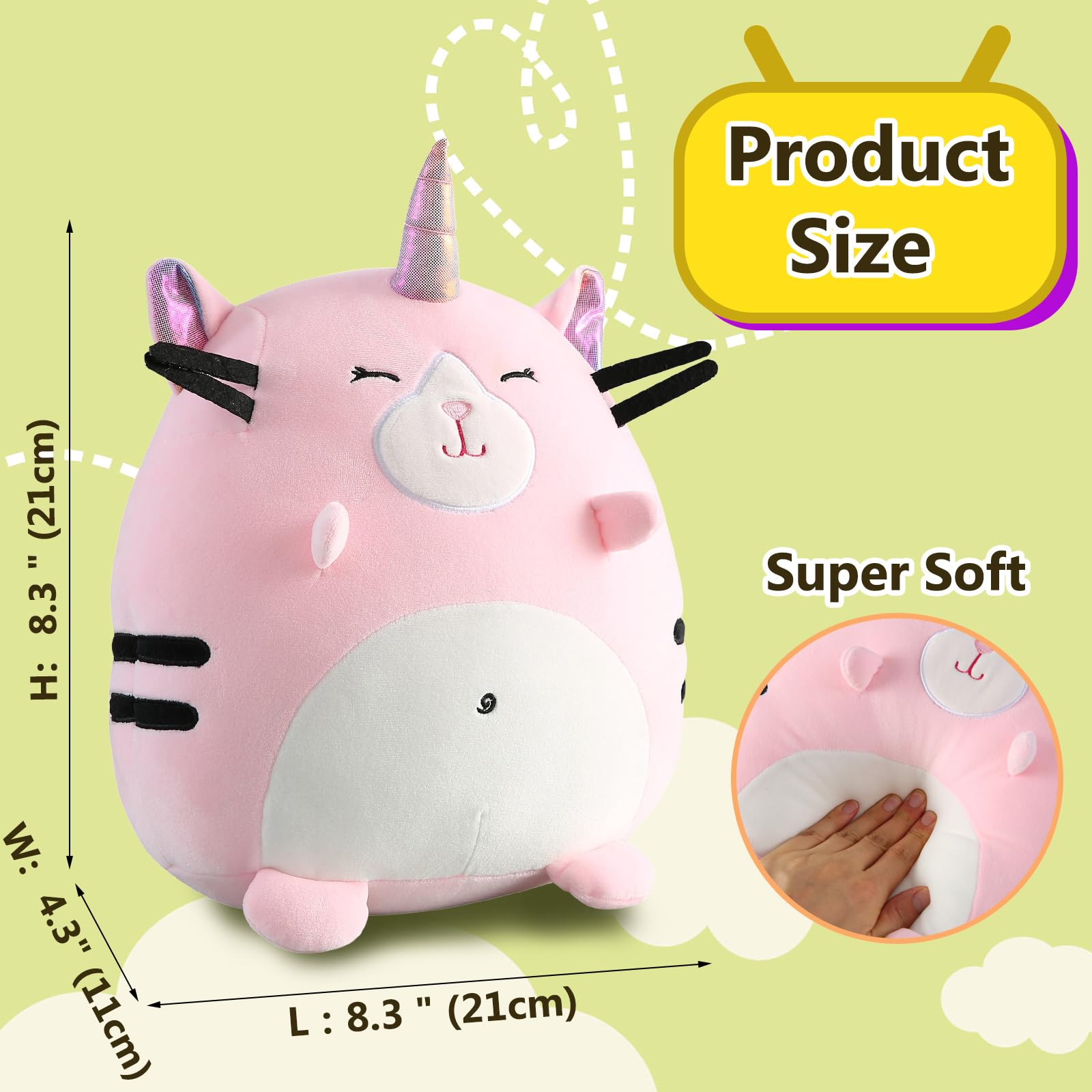 Marsjoy 8" Pink Caticorn Plush Pillow – Soft Squishy Stuffed Animal Toy for Kids