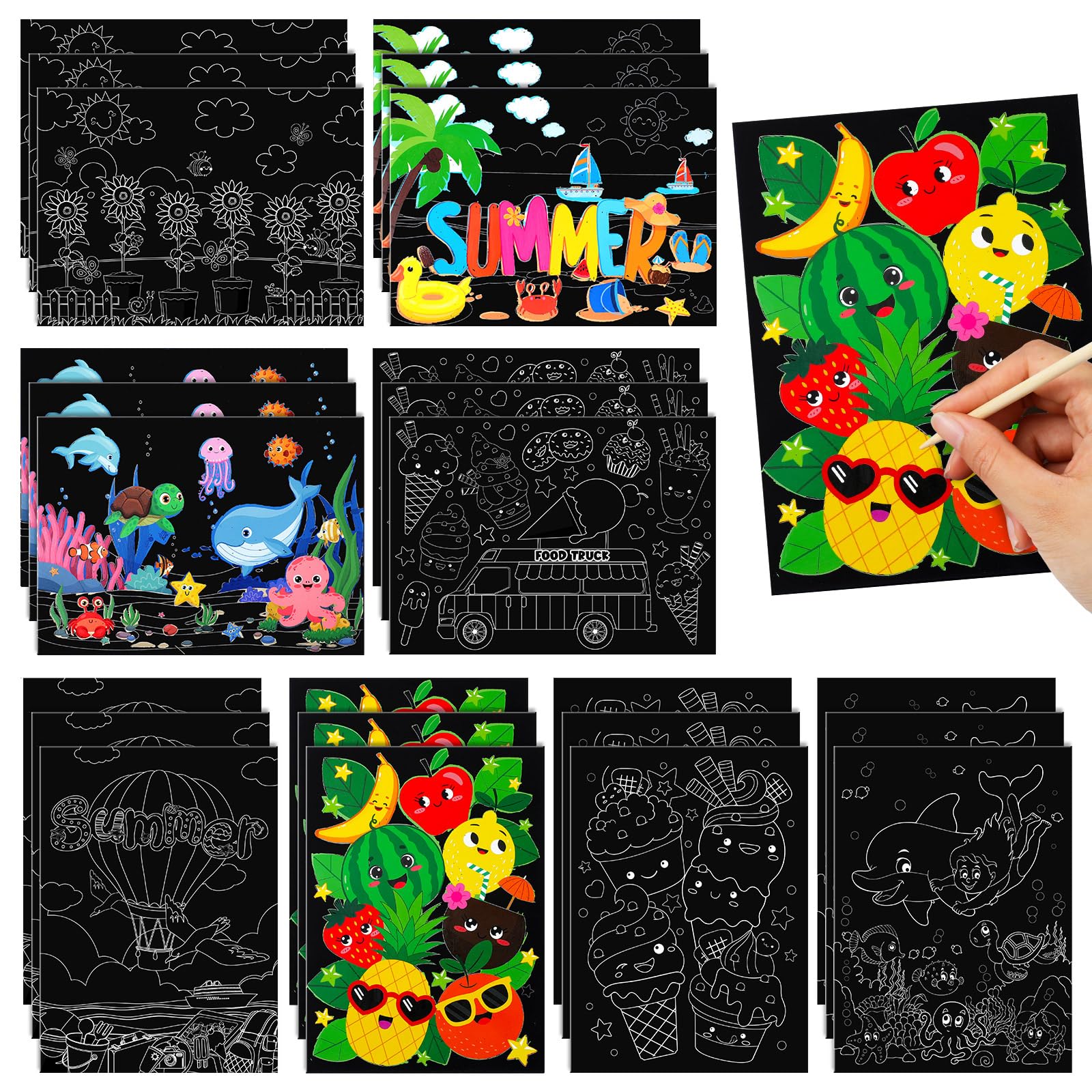 Marspark 24-Pack Summer Scratch Art Posters - DIY Color Your Own Scratch Paper Kit with Wood Stylus, Fun Summer Crafts for Kids and Group Activities