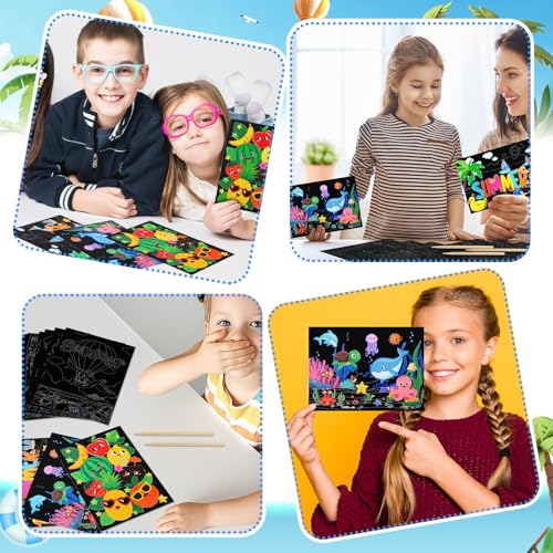 Marspark 24-Pack Summer Scratch Art Posters - DIY Color Your Own Scratch Paper Kit with Wood Stylus, Fun Summer Crafts for Kids and Group Activities