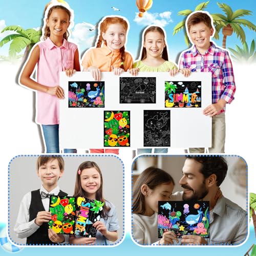 Marspark 24-Pack Summer Scratch Art Posters - DIY Color Your Own Scratch Paper Kit with Wood Stylus, Fun Summer Crafts for Kids and Group Activities