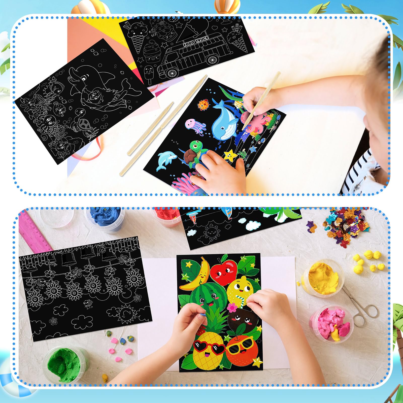Marspark 24-Pack Summer Scratch Art Posters - DIY Color Your Own Scratch Paper Kit with Wood Stylus, Fun Summer Crafts for Kids and Group Activities