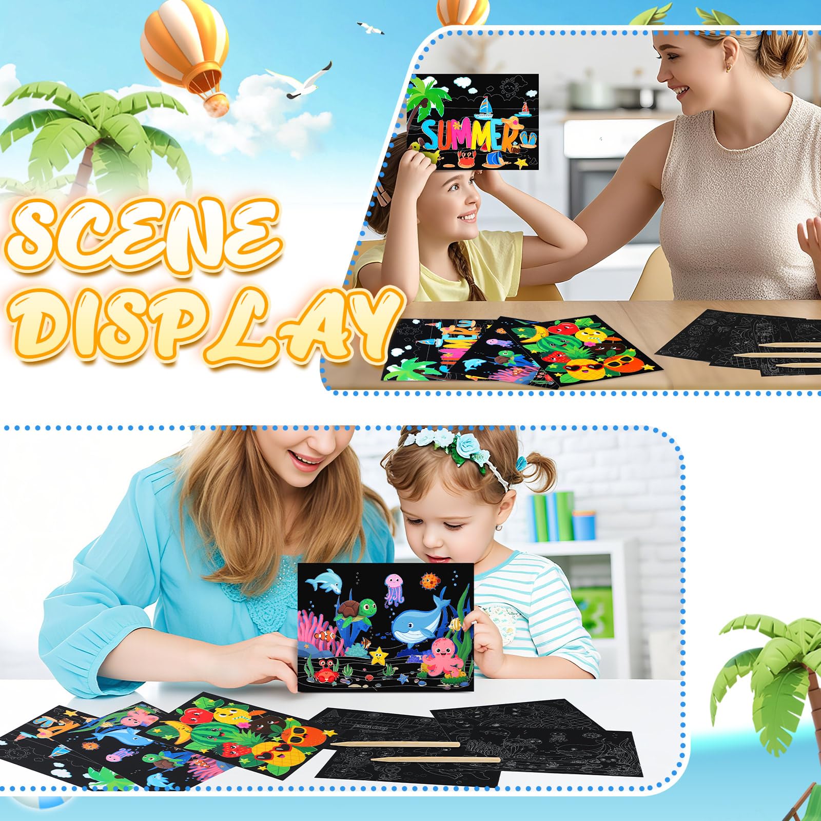 Marspark 24-Pack Summer Scratch Art Posters - DIY Color Your Own Scratch Paper Kit with Wood Stylus, Fun Summer Crafts for Kids and Group Activities