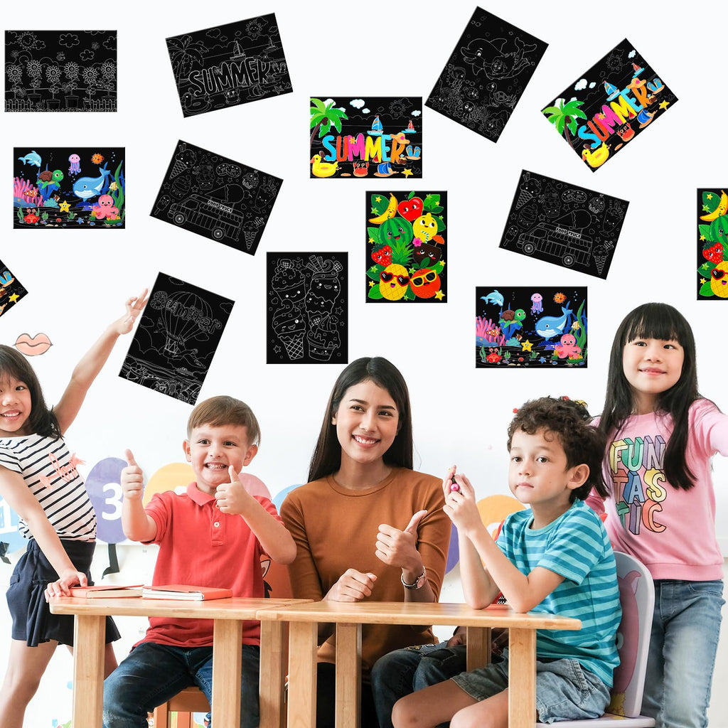 Marspark 24-Pack Summer Scratch Art Posters - DIY Color Your Own Scratch Paper Kit with Wood Stylus, Fun Summer Crafts for Kids and Group Activities