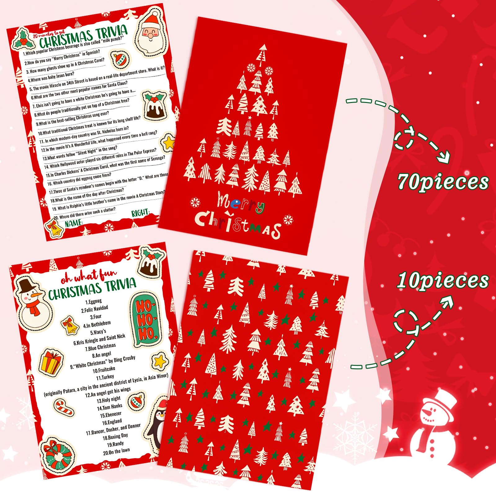 Marspark 80-Piece Christmas Trivia Game Cards – 70 Question & 10 Answer Cards for Holiday Party Fun