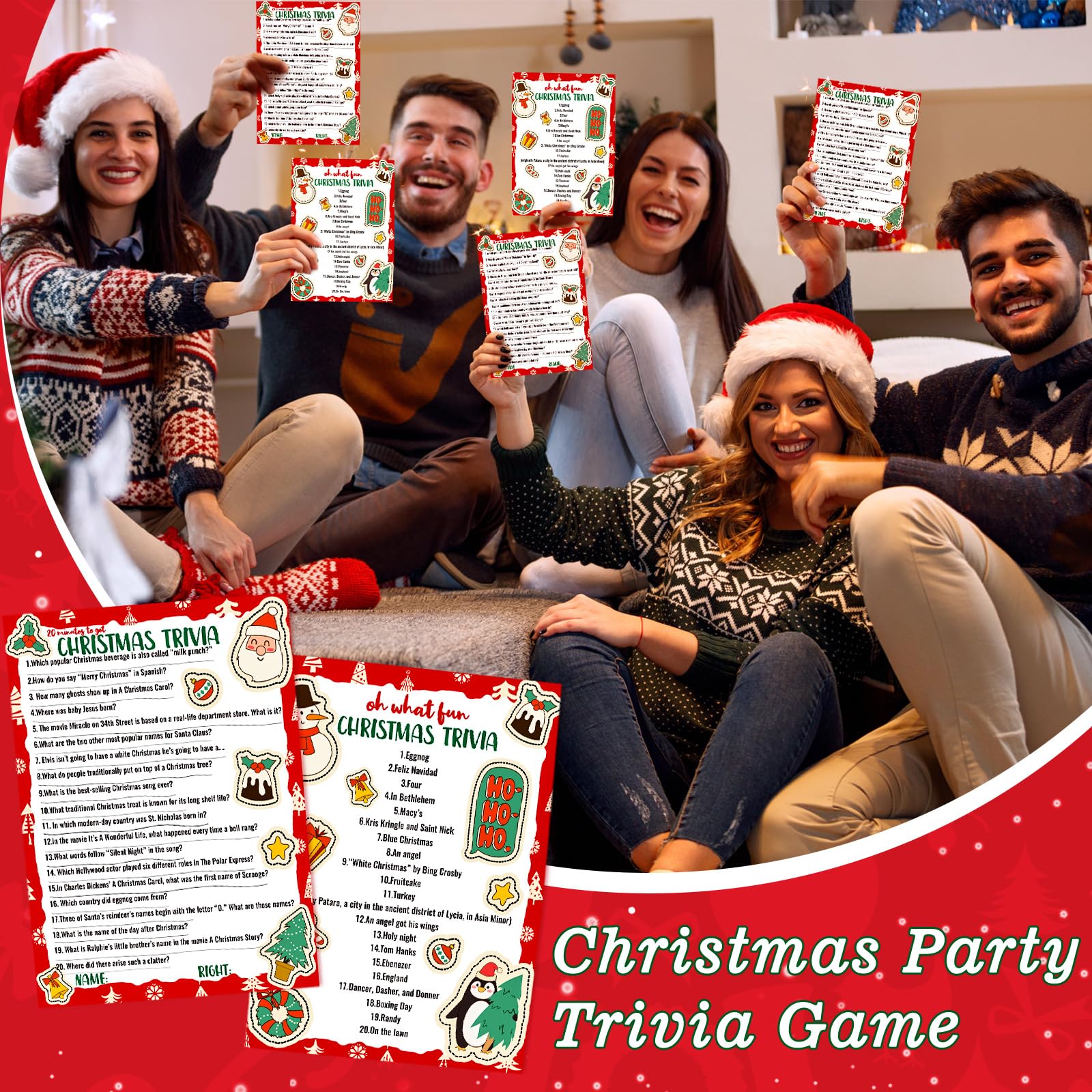 Marspark 80-Piece Christmas Trivia Game Cards – 70 Question & 10 Answer Cards for Holiday Party Fun