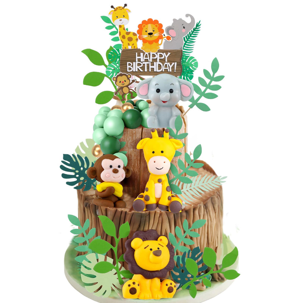 Marsui 36-Piece Safari Animal Cake Topper Set – Clay Animals, Paper Leaves, Macaron Colors for Birthday Parties