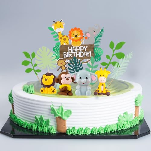 Marsui 36-Piece Safari Animal Cake Topper Set – Clay Animals, Paper Leaves, Macaron Colors for Birthday Parties