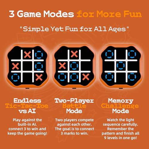 MASSRT 3-in-1 Electronic Tic Tac Toe Game – Handheld Digital Bolt with Silent Mode, Portable Learning Toy for Kids & Adults, Orange