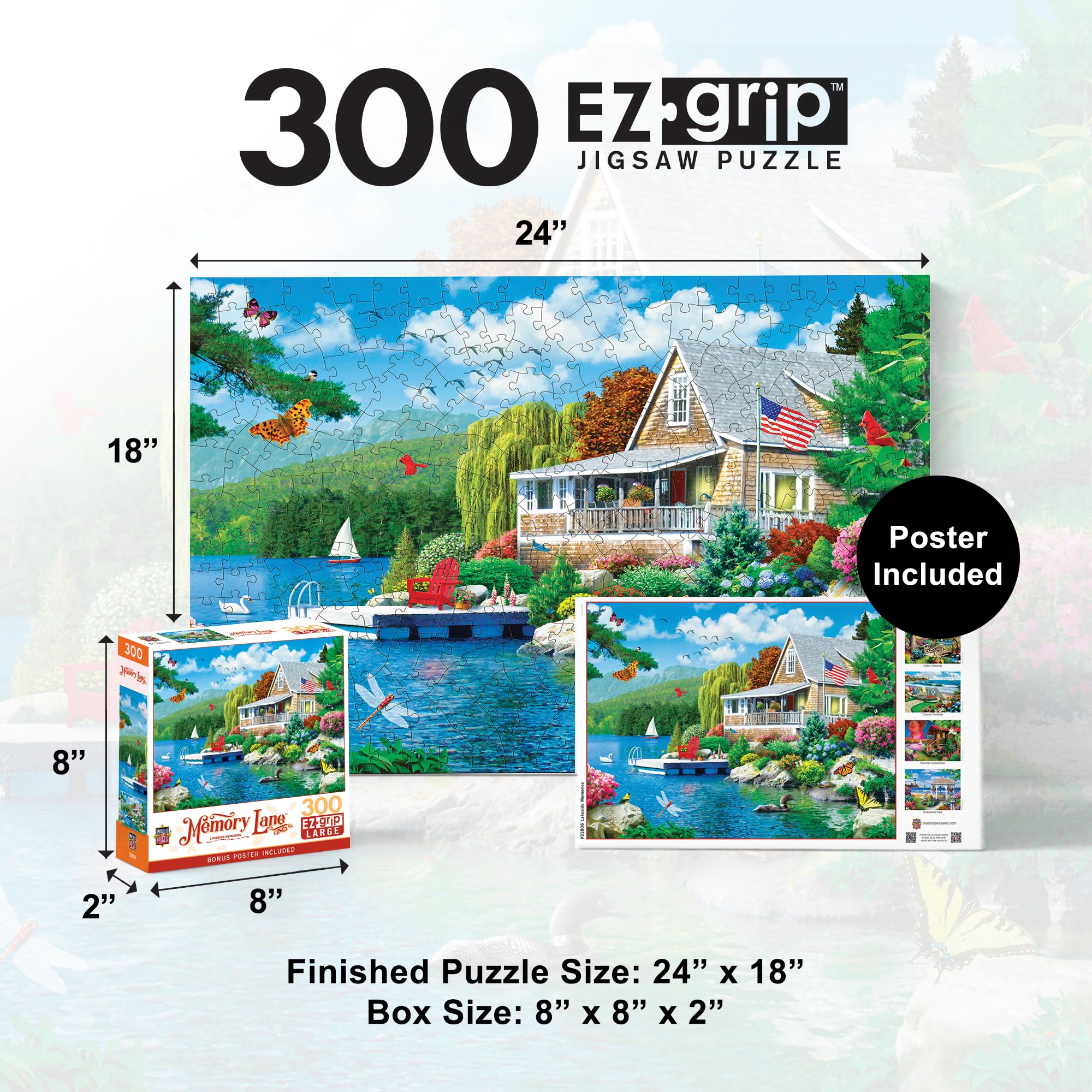 Masterpieces 300-Piece EZ Grip Jigsaw Puzzle: Lakeside Memories – Oversized Pieces for Easy Handling