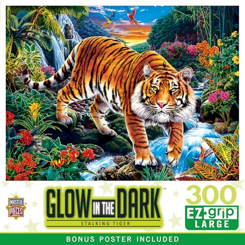 MasterPieces 300 Piece EZ Grip Tiger Puzzle – Glow-in-the-Dark, Large Easy-Grip Pieces, 18x24 inches