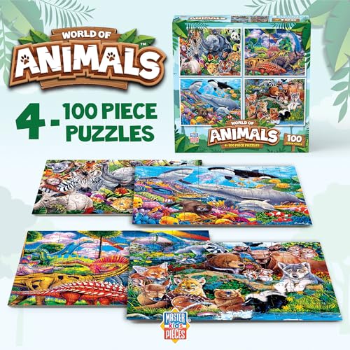 MasterPieces 4-Pack 100 Piece Jigsaw Puzzles for Kids – Animal Theme, 8x10 Inches, Eco-Friendly