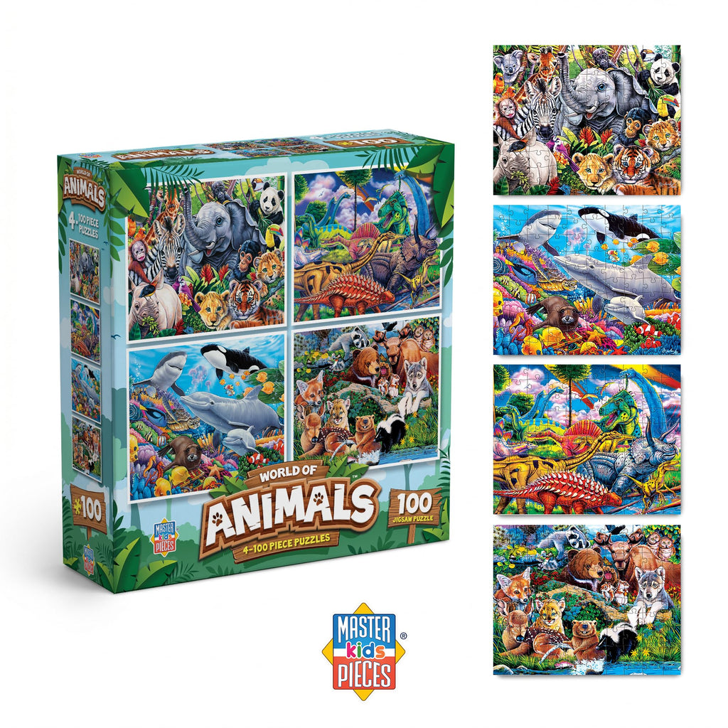 MasterPieces 4-Pack 100 Piece Jigsaw Puzzles for Kids – Animal Theme, 8x10 Inches, Eco-Friendly