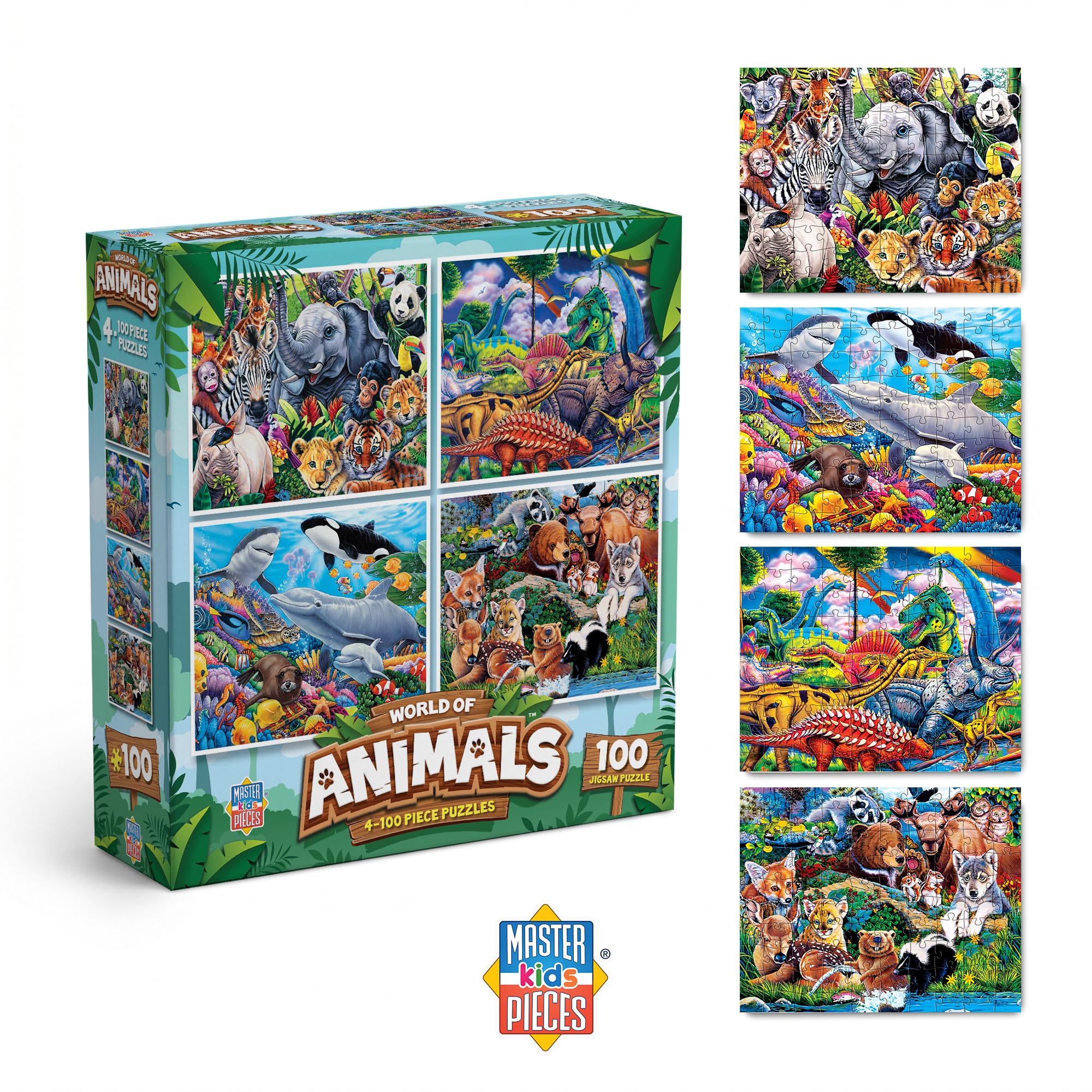 MasterPieces 4-Pack 100 Piece Jigsaw Puzzles for Kids – Animal Theme, 8x10 Inches, Eco-Friendly