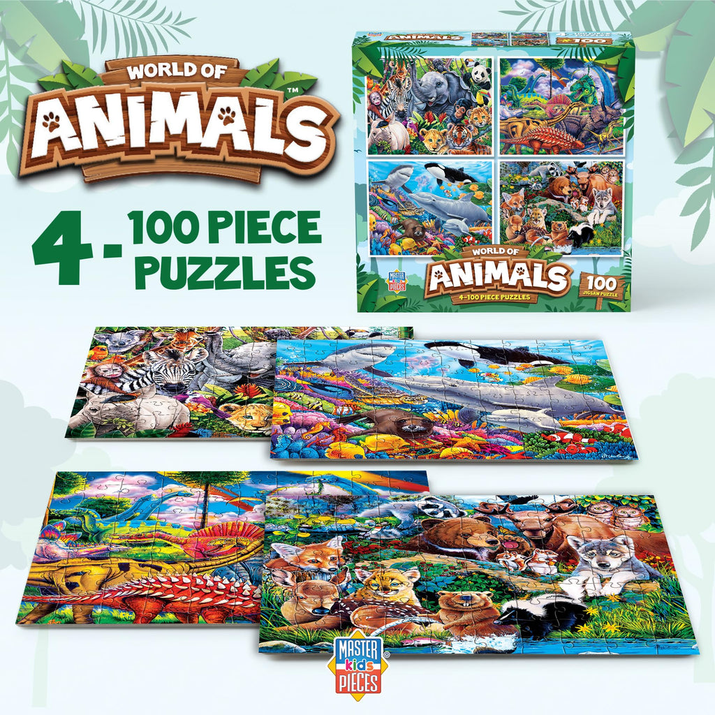 MasterPieces 4-Pack 100 Piece Jigsaw Puzzles for Kids – Animal Theme, 8x10 Inches, Eco-Friendly