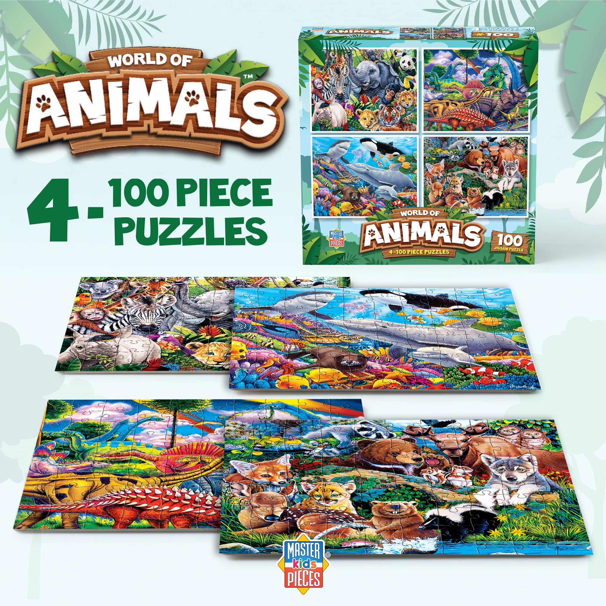 MasterPieces 4-Pack 100 Piece Jigsaw Puzzles for Kids – Animal Theme, 8x10 Inches, Eco-Friendly