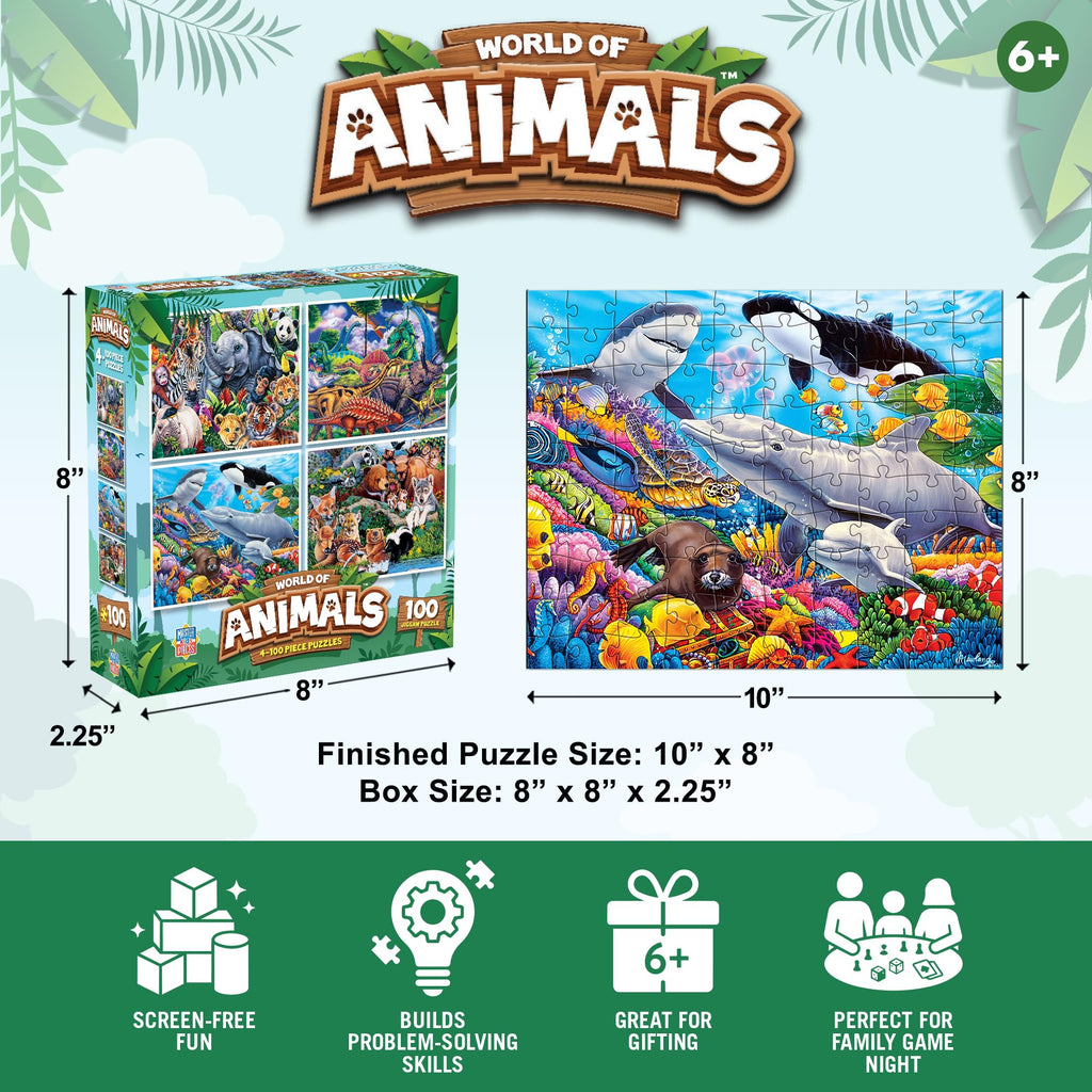MasterPieces 4-Pack 100 Piece Jigsaw Puzzles for Kids – Animal Theme, 8x10 Inches, Eco-Friendly