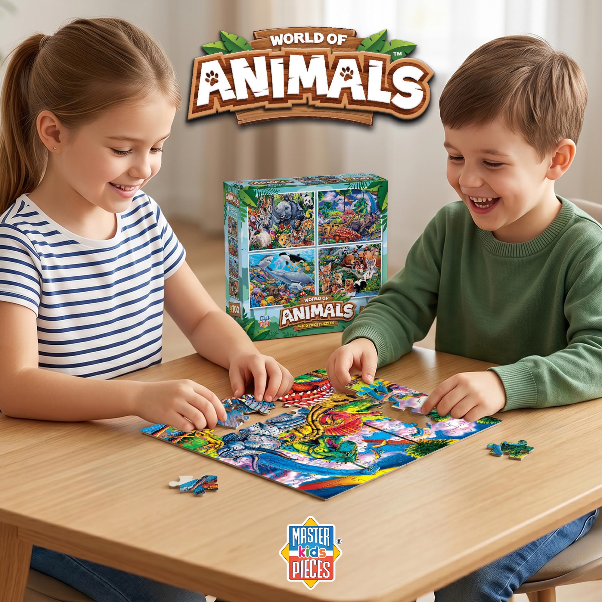MasterPieces 4-Pack 100 Piece Jigsaw Puzzles for Kids – Animal Theme, 8x10 Inches, Eco-Friendly