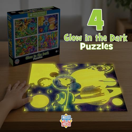 MasterPieces 4-Pack Glow in The Dark Jigsaw Puzzles for Kids 6+ – 100 Pieces Each