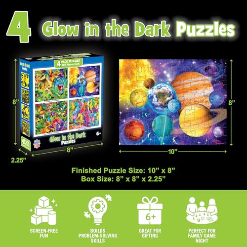 MasterPieces 4-Pack Glow in The Dark Jigsaw Puzzles for Kids 6+ – 100 Pieces Each