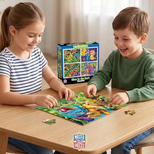 MasterPieces 4-Pack Glow in The Dark Jigsaw Puzzles for Kids 6+ – 100 Pieces Each