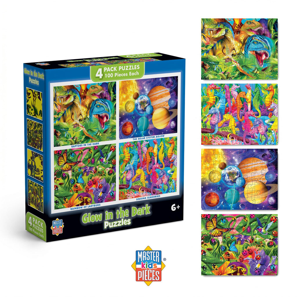MasterPieces 4-Pack Glow in The Dark Jigsaw Puzzles for Kids 6+ – 100 Pieces Each