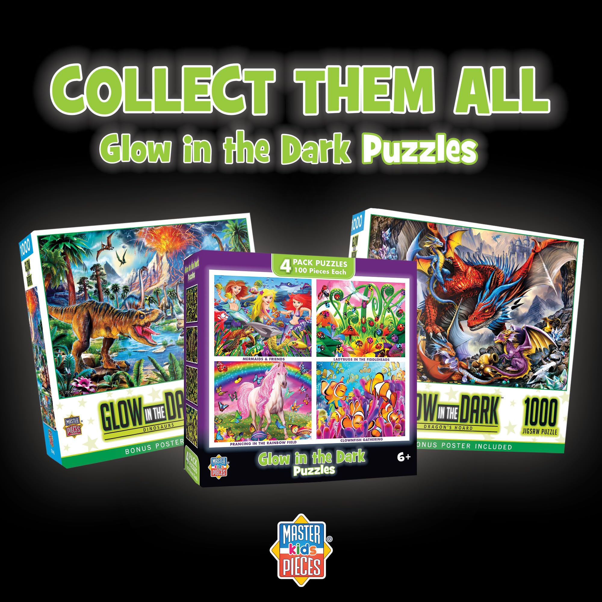 MasterPieces 4-Pack Glow in The Dark Jigsaw Puzzles for Kids 6+ – 100 Pieces Each