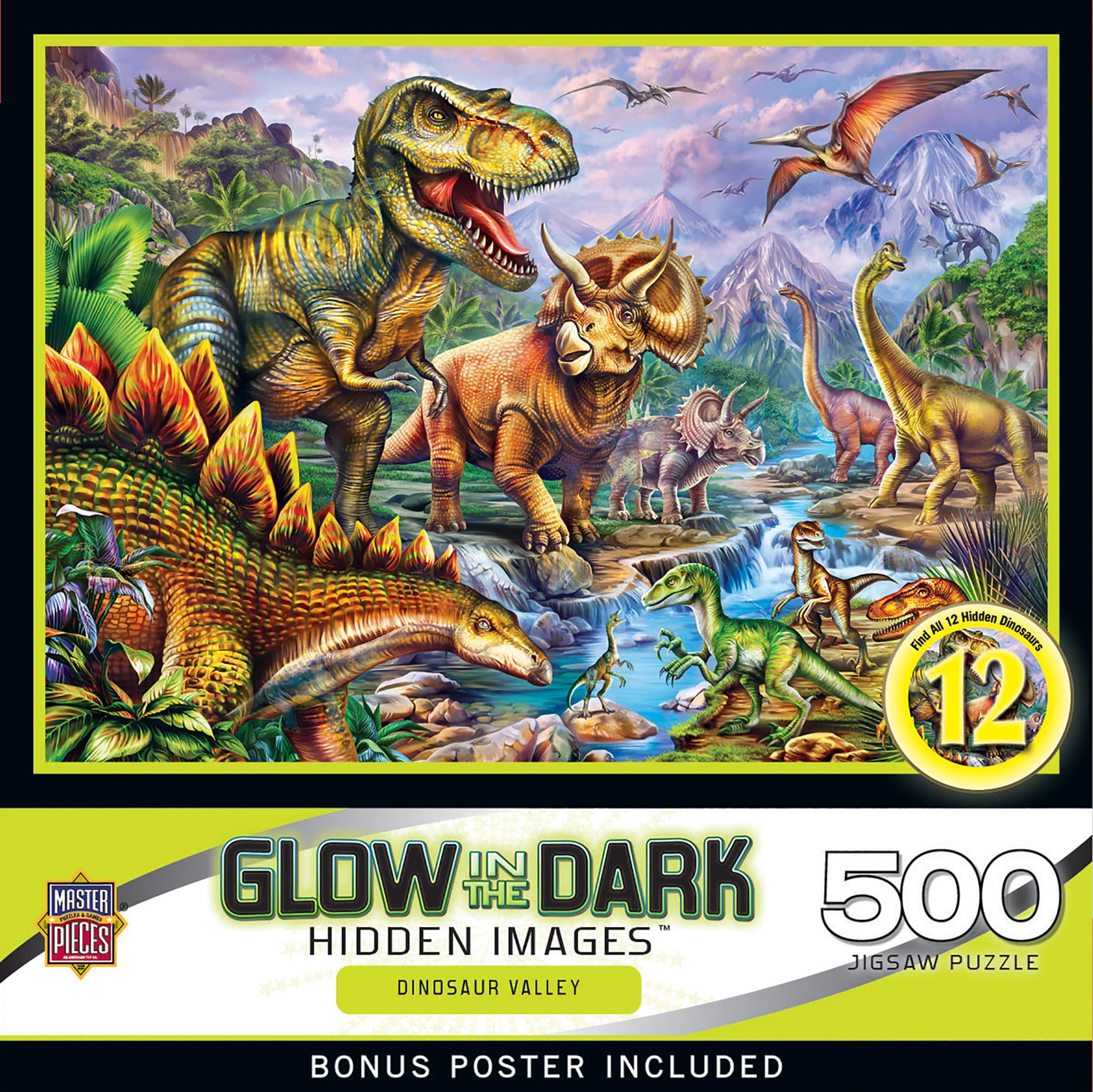 Masterpieces 500-Piece Glow-in-the-Dark Dinosaur Valley Jigsaw Puzzle - 15x21 Inches