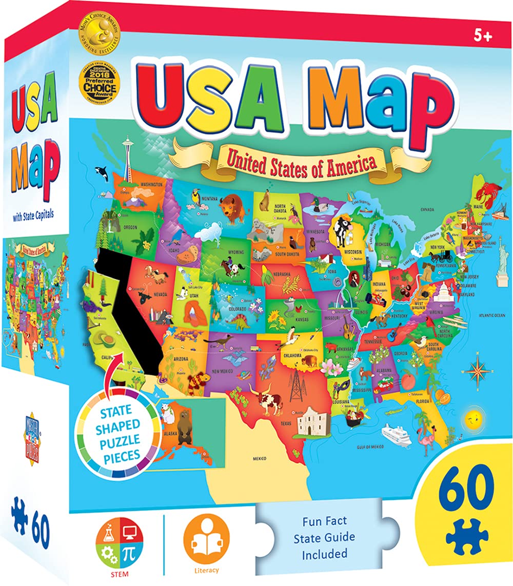 MasterPieces 60-Piece USA Map Jigsaw Puzzle with State-Shaped Pieces, 16.5x12.75 Inches, Recycled Materials