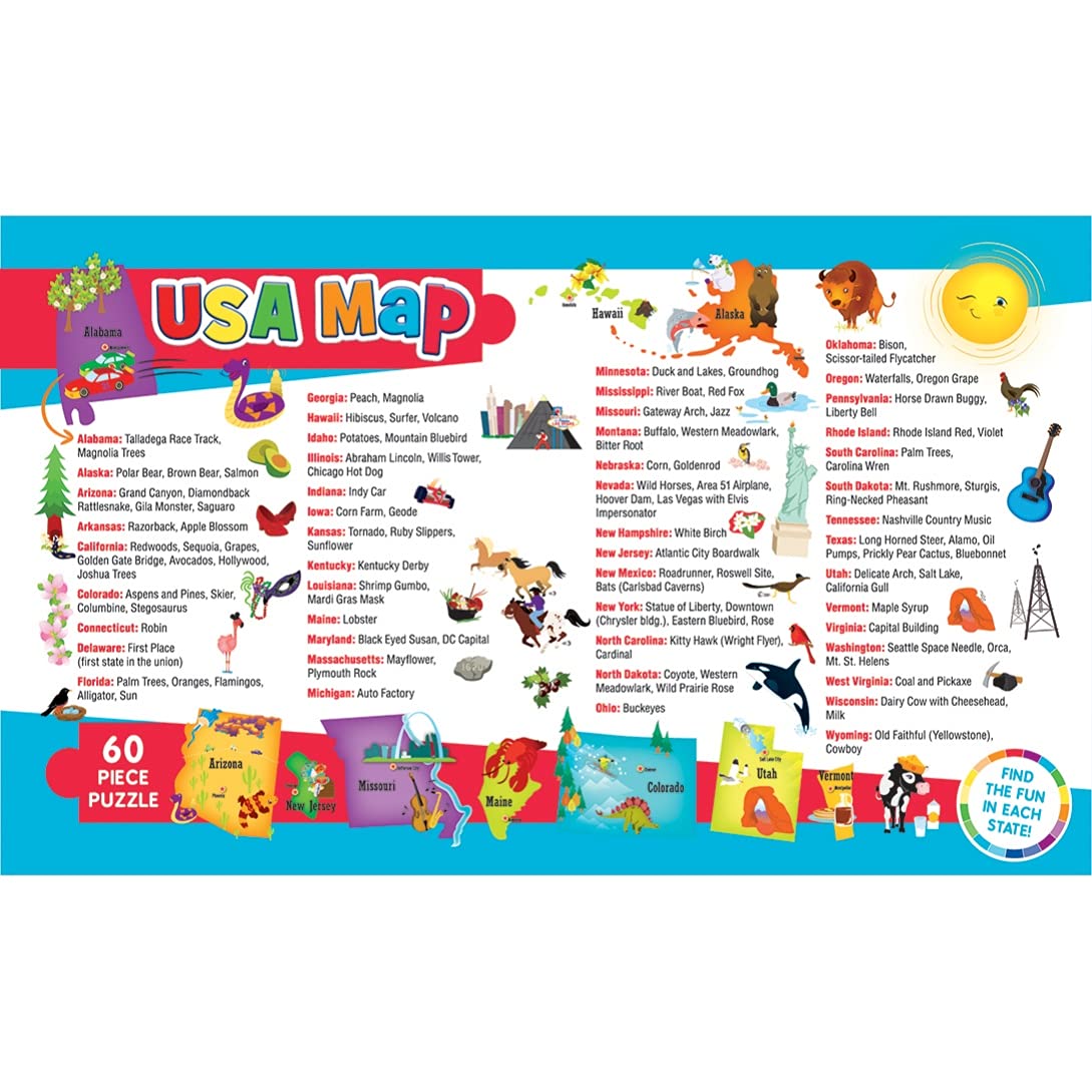 MasterPieces 60-Piece USA Map Jigsaw Puzzle with State-Shaped Pieces, 16.5x12.75 Inches, Recycled Materials