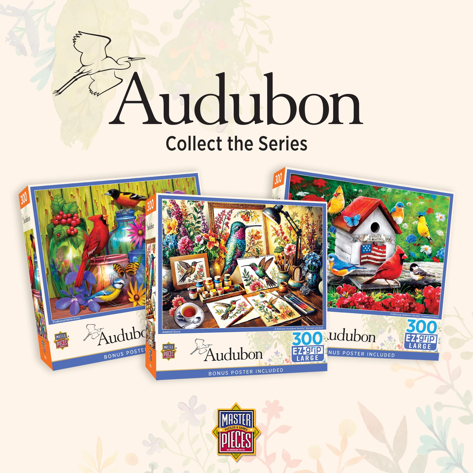 MasterPieces Audubon Songbird Collage 300-Piece EZGrip Puzzle – Matte Finish, Recycled Materials