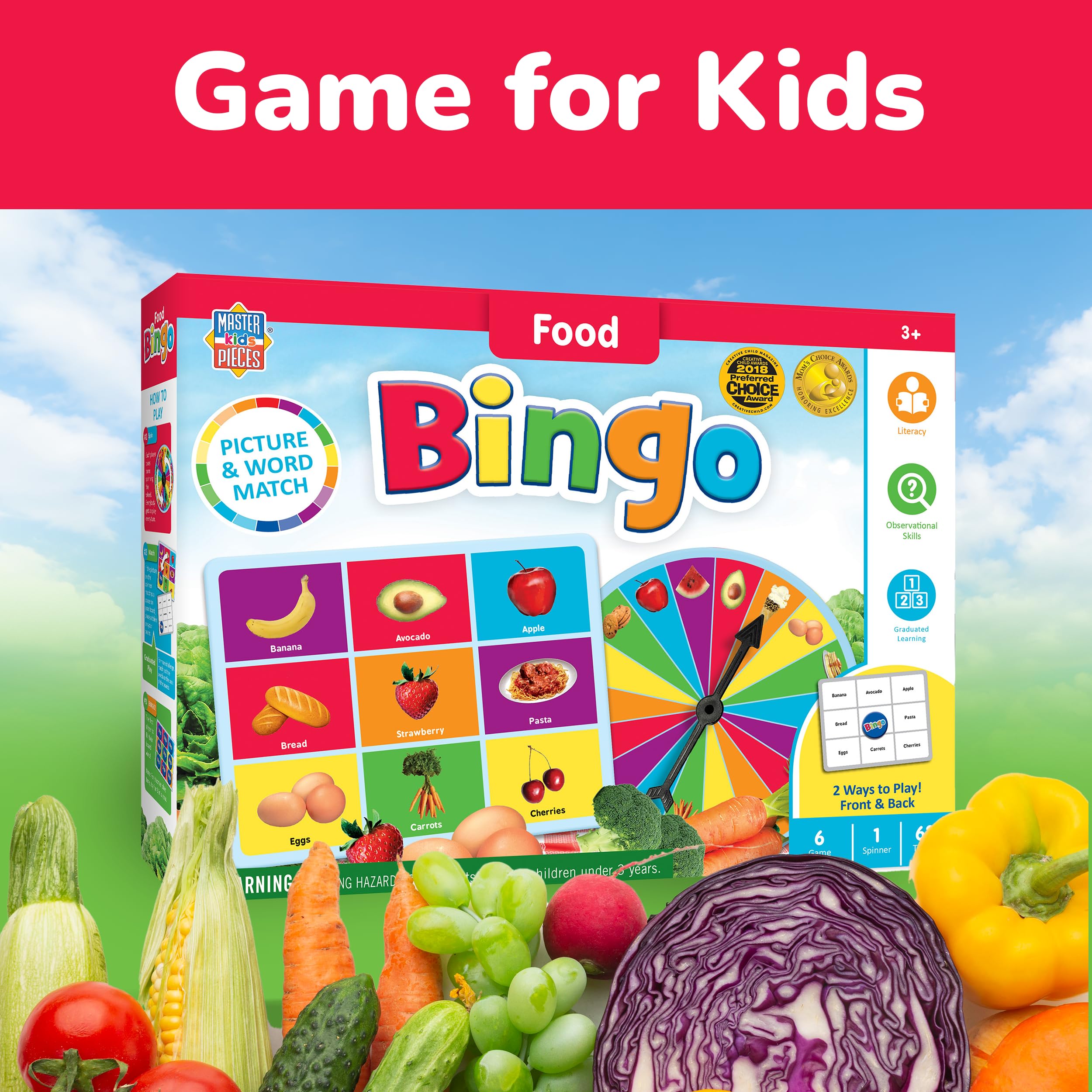 MasterPieces Food Bingo Game – Fun Family Bingo with Team-Themed Tokens for Ages 3+