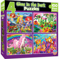 MasterPieces Jigsaw Puzzle Set for Kids 6+ – 4 Puzzles 100 Pieces Each, Purple Glow in the Dark, 8x10 Inches