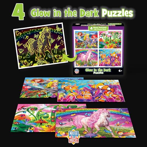 MasterPieces Jigsaw Puzzle Set for Kids 6+ – 4 Puzzles 100 Pieces Each, Purple Glow in the Dark, 8x10 Inches