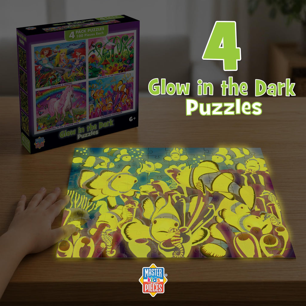 MasterPieces Jigsaw Puzzle Set for Kids 6+ – 4 Puzzles 100 Pieces Each, Purple Glow in the Dark, 8x10 Inches