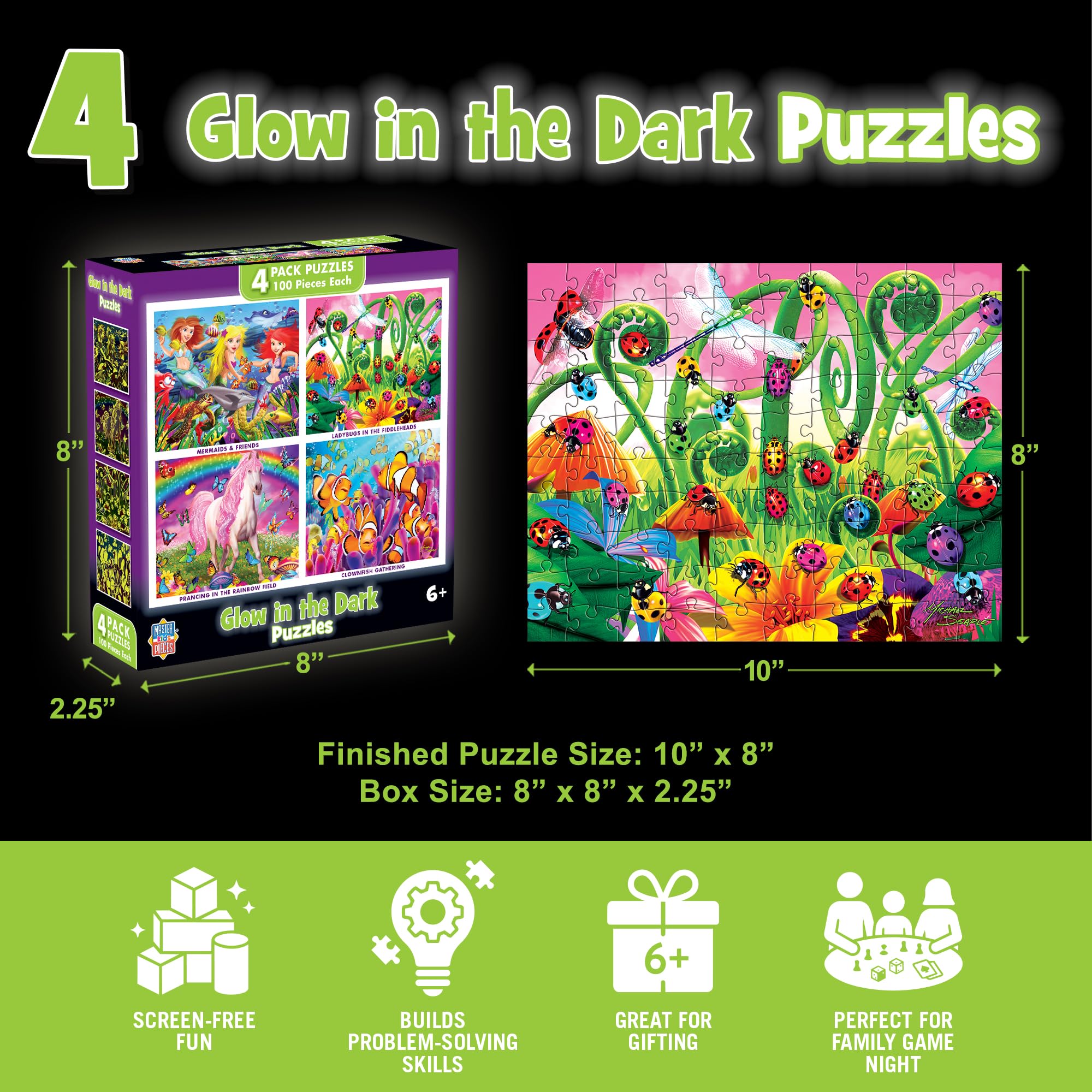 MasterPieces Jigsaw Puzzle Set for Kids 6+ – 4 Puzzles 100 Pieces Each, Purple Glow in the Dark, 8x10 Inches