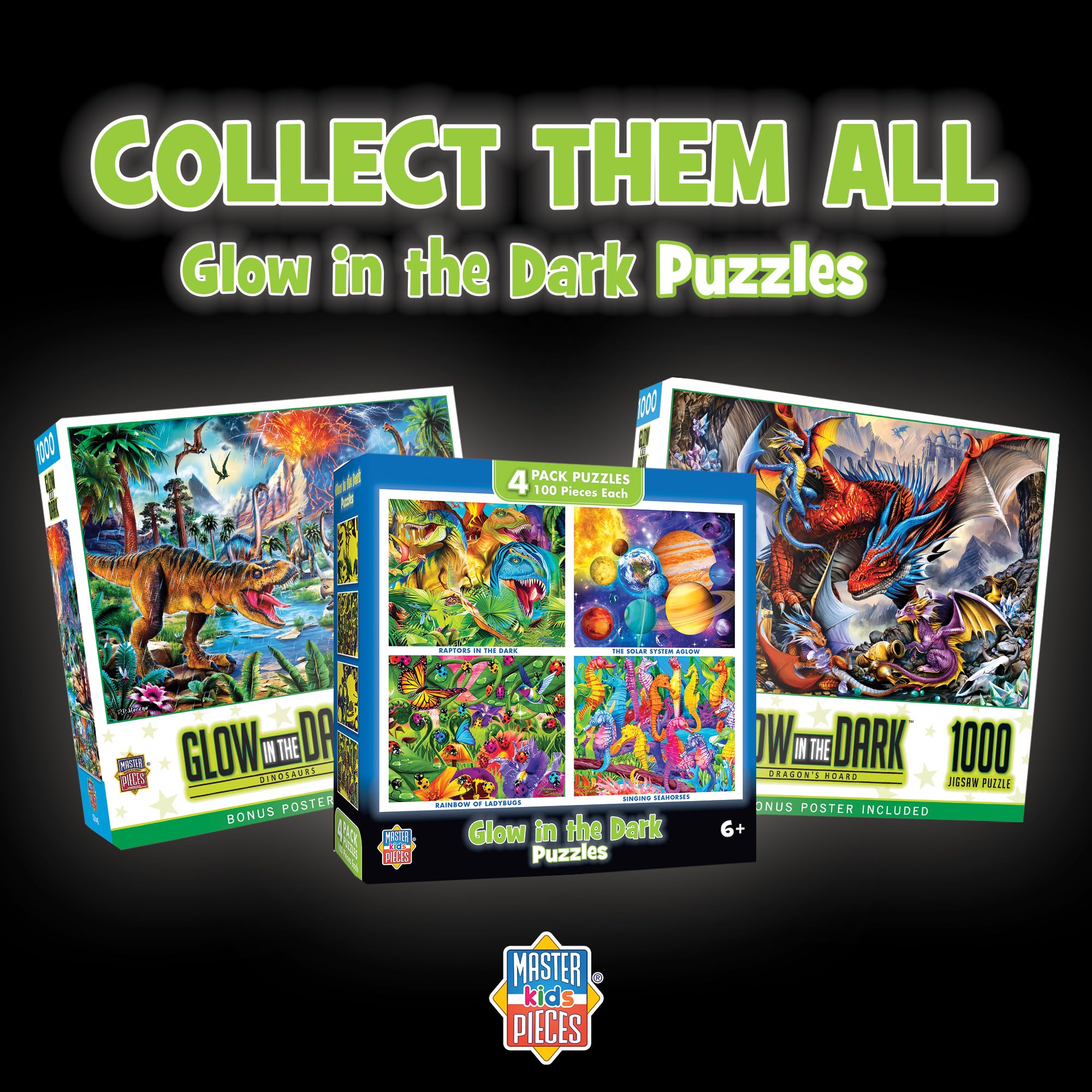 MasterPieces Jigsaw Puzzle Set for Kids 6+ – 4 Puzzles 100 Pieces Each, Purple Glow in the Dark, 8x10 Inches