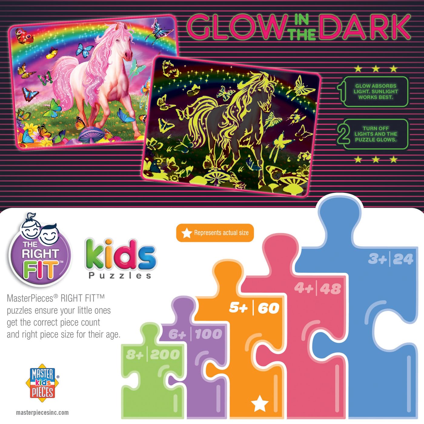 MasterPieces Rainbow World 60-Piece Glow-in-the-Dark Jigsaw Puzzle - 14x19 Inch - Screen-Free Activity for Kids