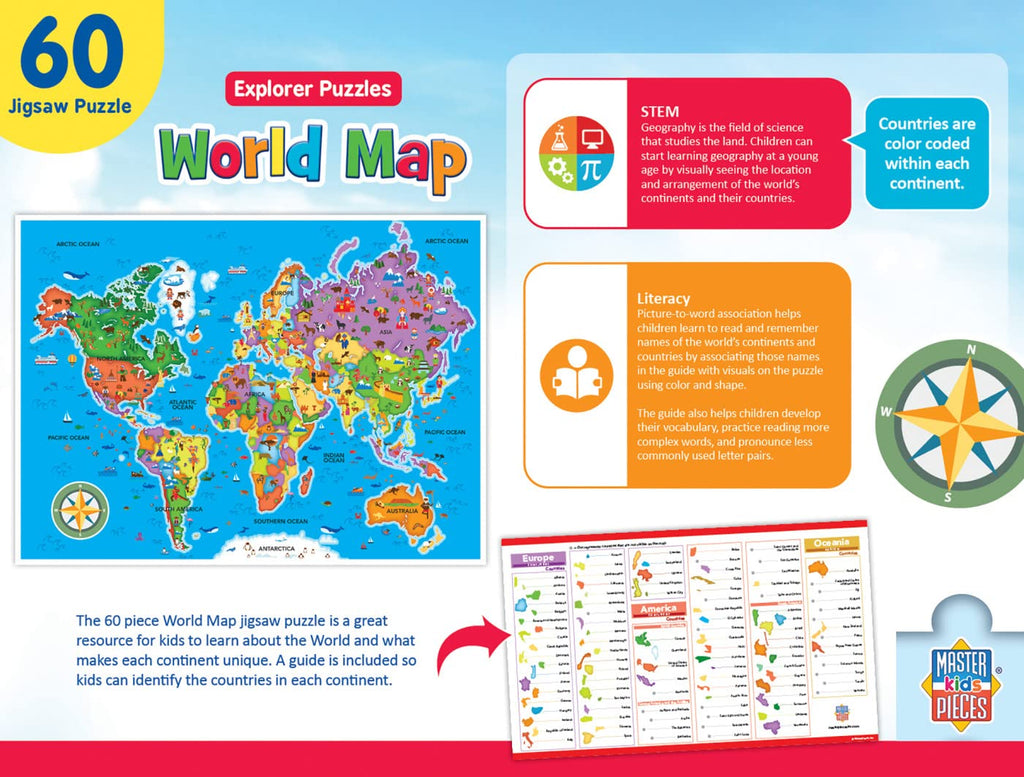 MasterPieces World Map Puzzle for Kids – 60 Pieces, 16.5x12.75 Inches