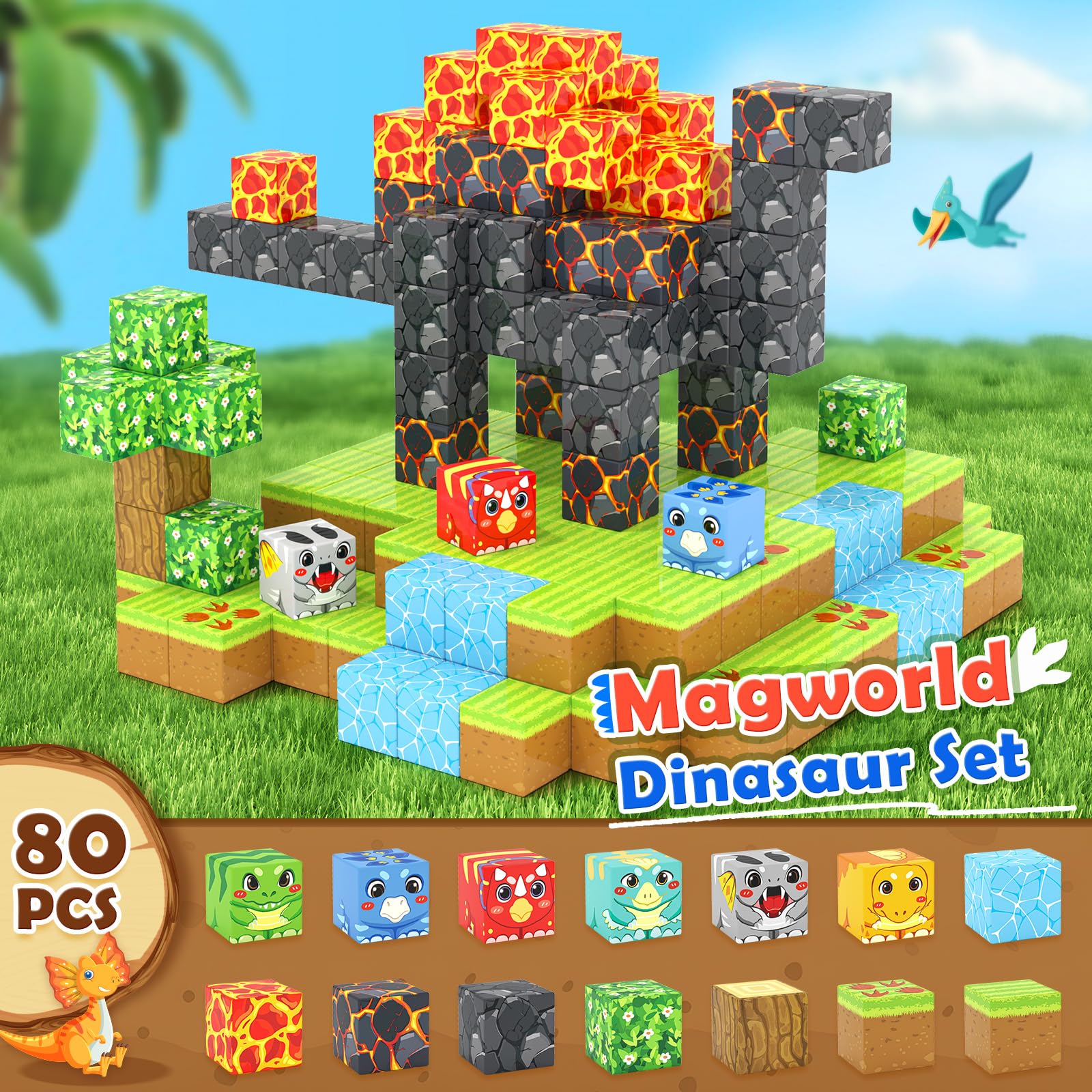 Matchtiles Magnetic Dinosaur Building Set with 5 UV-Reactive Tiles for Ages 3+