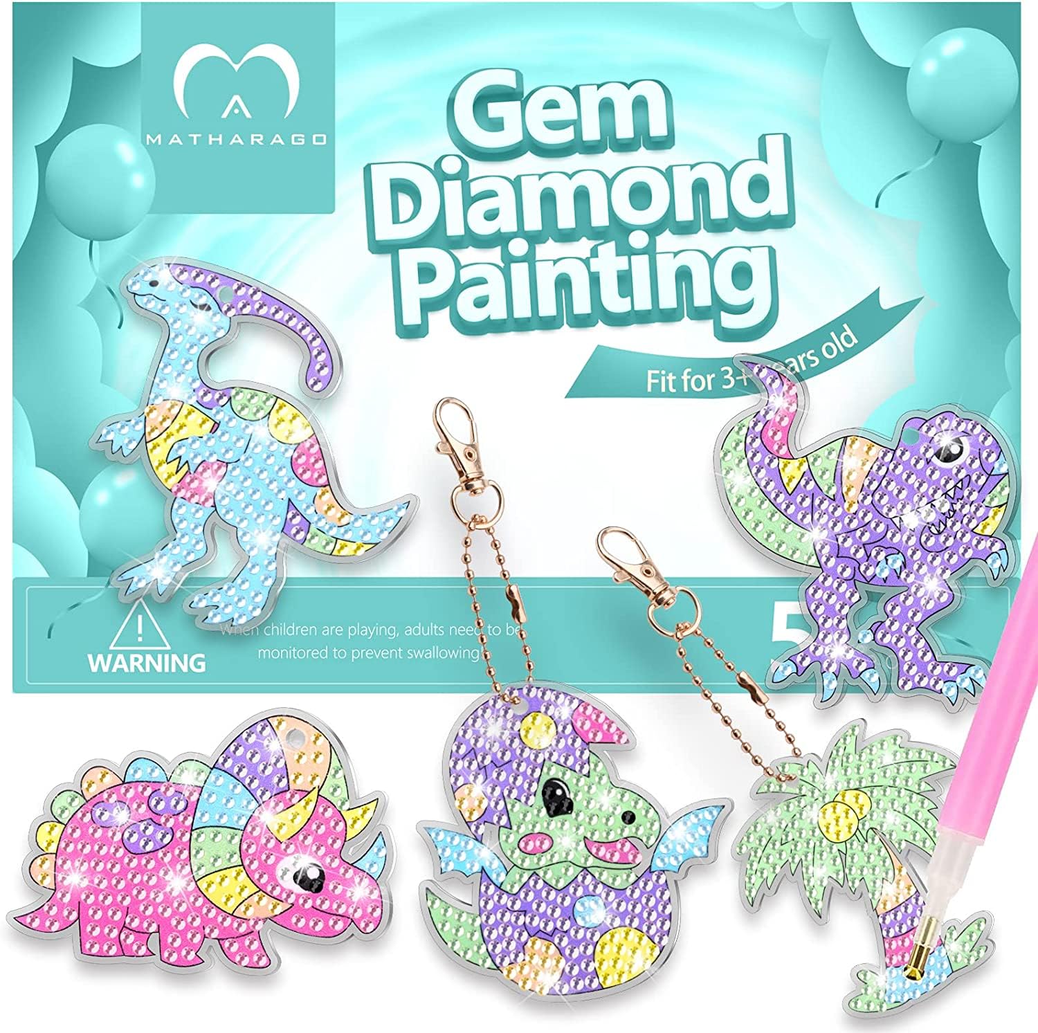 MATHARAGO Dinosaur Diamond Painting Keychain Kit - 5D Gems, 5 DIY Keychains for Kids Ages 6-12