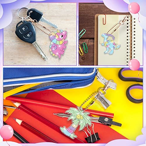 MATHARAGO Dinosaur Diamond Painting Keychain Kit - 5D Gems, 5 DIY Keychains for Kids Ages 6-12