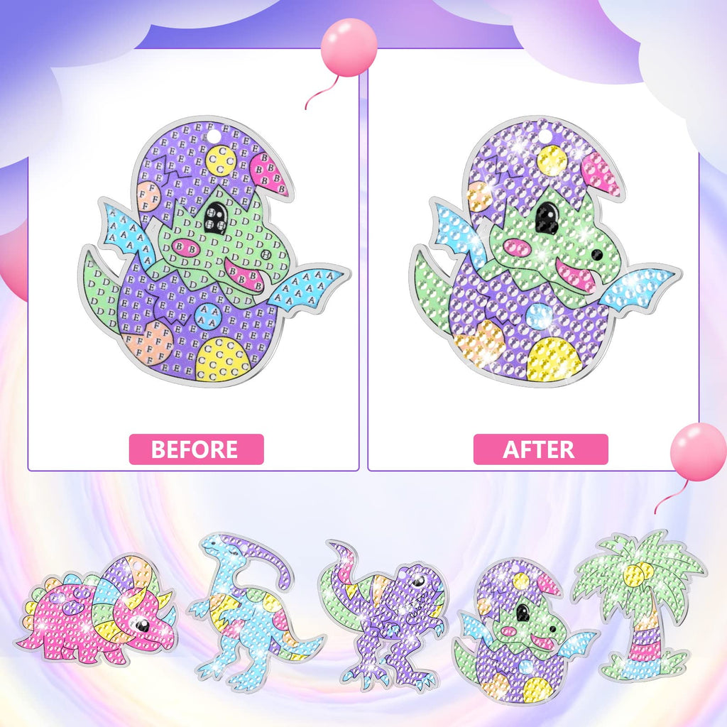 MATHARAGO Dinosaur Diamond Painting Keychain Kit - 5D Gems, 5 DIY Keychains for Kids Ages 6-12