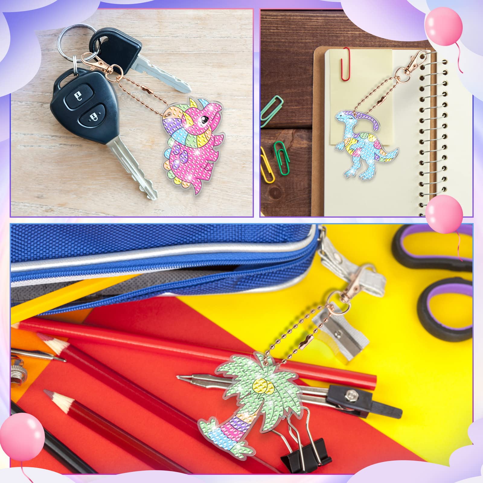 MATHARAGO Dinosaur Diamond Painting Keychain Kit - 5D Gems, 5 DIY Keychains for Kids Ages 6-12
